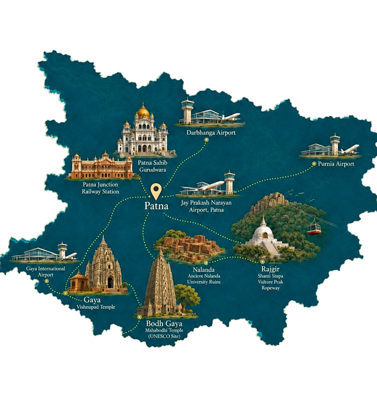 Illustrated map of Bihar showing SaarthiEV coverage: Patna, Gaya, Bodh Gaya, Nalanda, Rajgir, and airports at Patna, Gaya, Darbhanga and Purnia, connected by pilgrimage routes