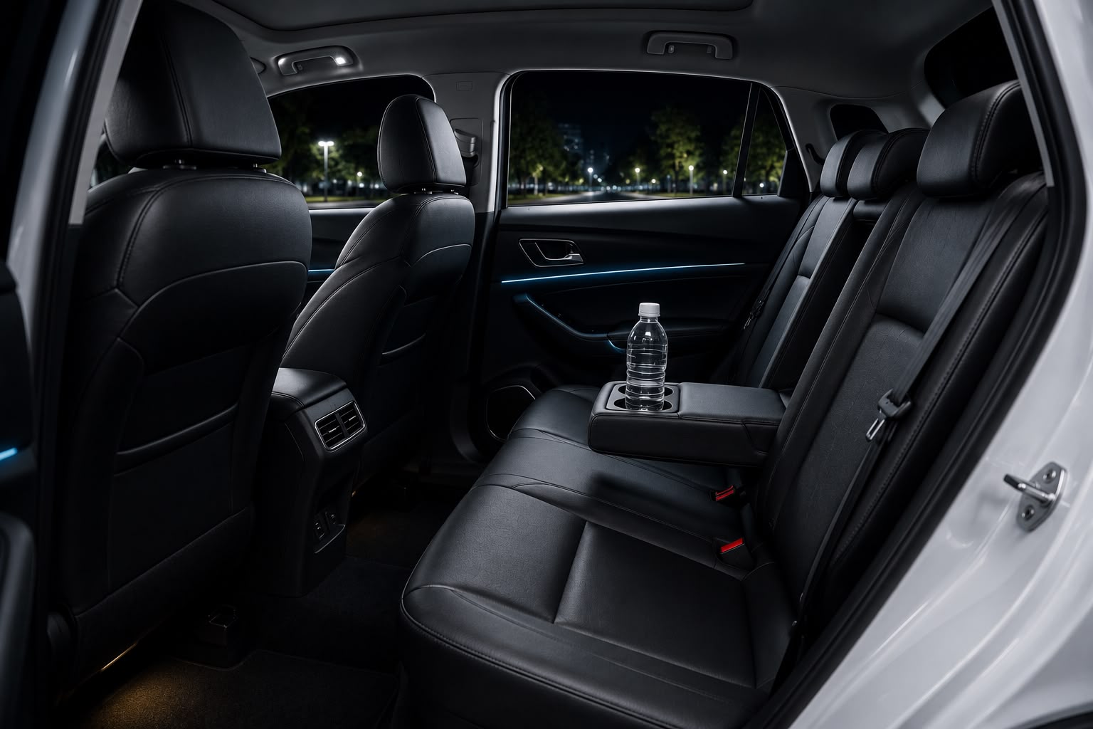 Spotless sanitized black-leather cabin of a SaarthiEV with complimentary water