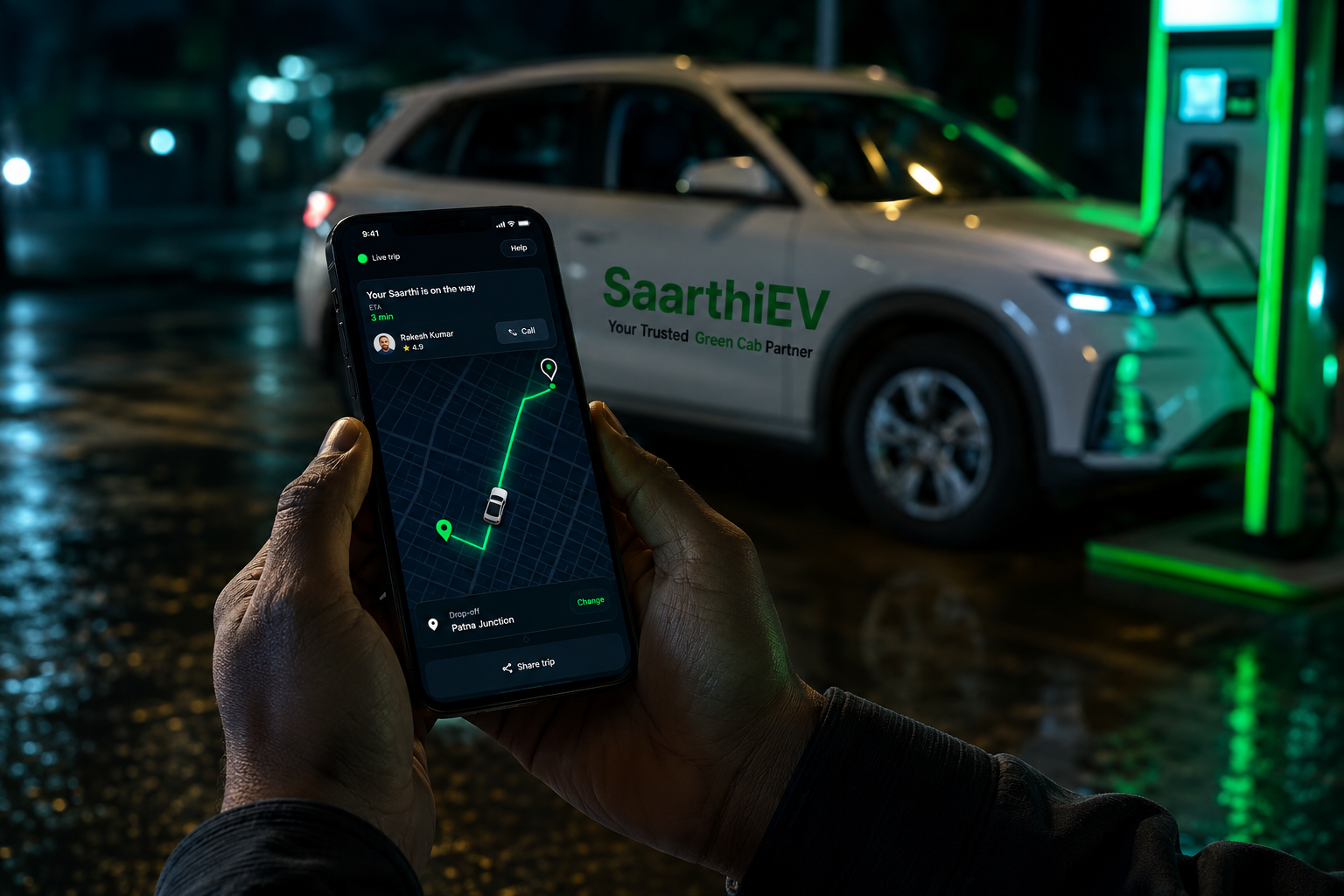 Live GPS tracking of a SaarthiEV trip shared with family