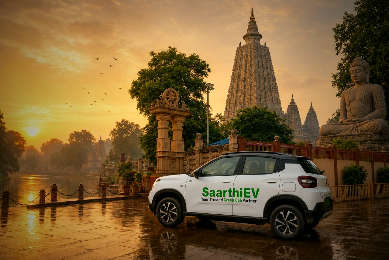 A SaarthiEV electric cab at the Mahabodhi Temple, Bodh Gaya, at sunrise
