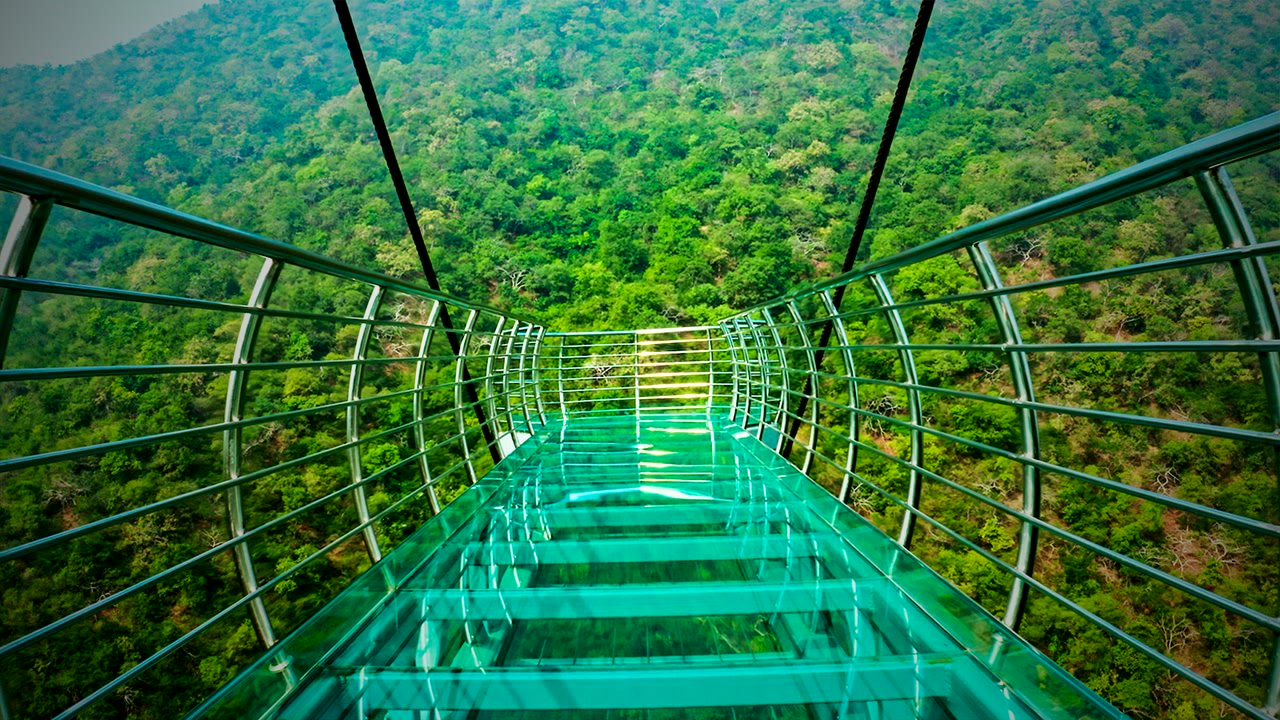 The Rajgir glass bridge and Vulture's Peak hills in Bihar