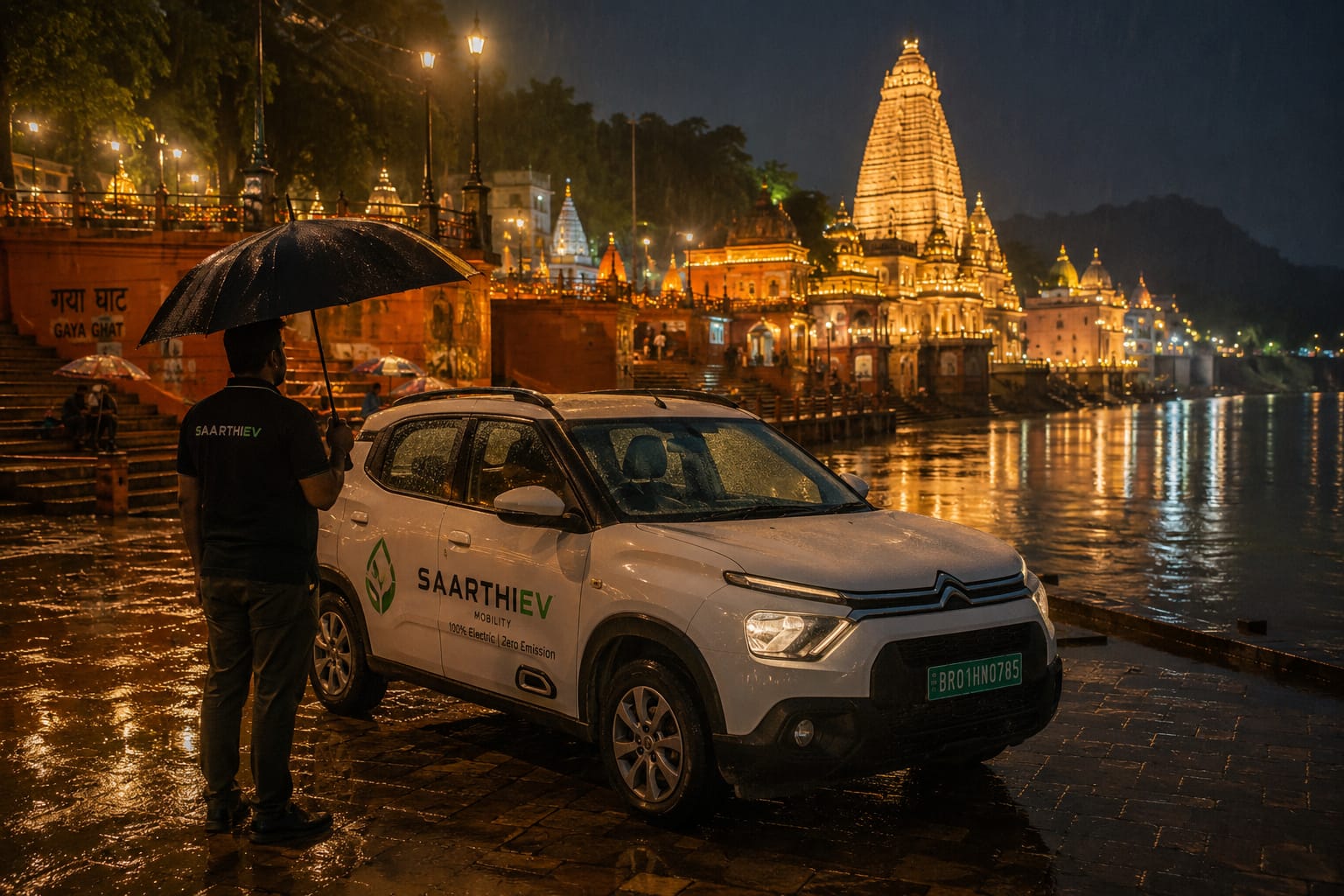 A SaarthiEV electric cab waiting by the lamplit ghats near Vishnupad Temple, Gaya, on a rainy evening