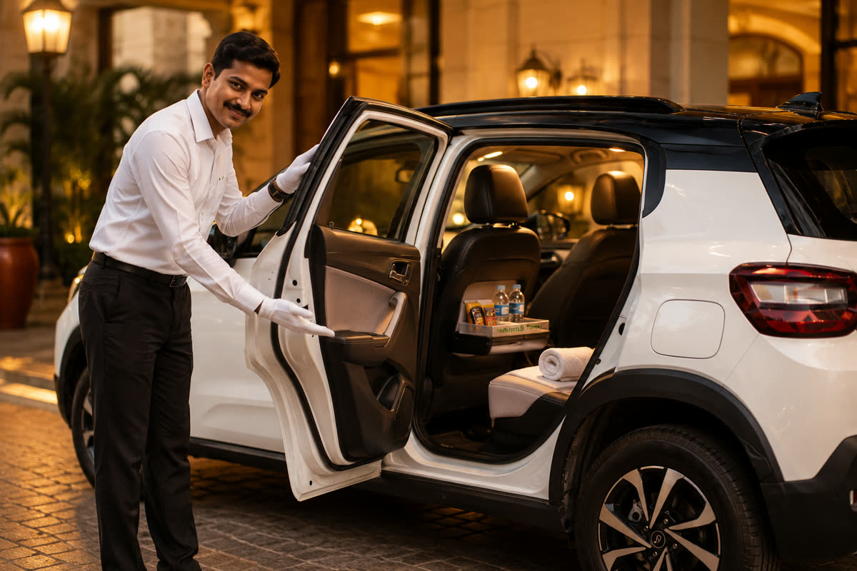 A uniformed SaarthiEV chauffeur opening the door with refreshments ready