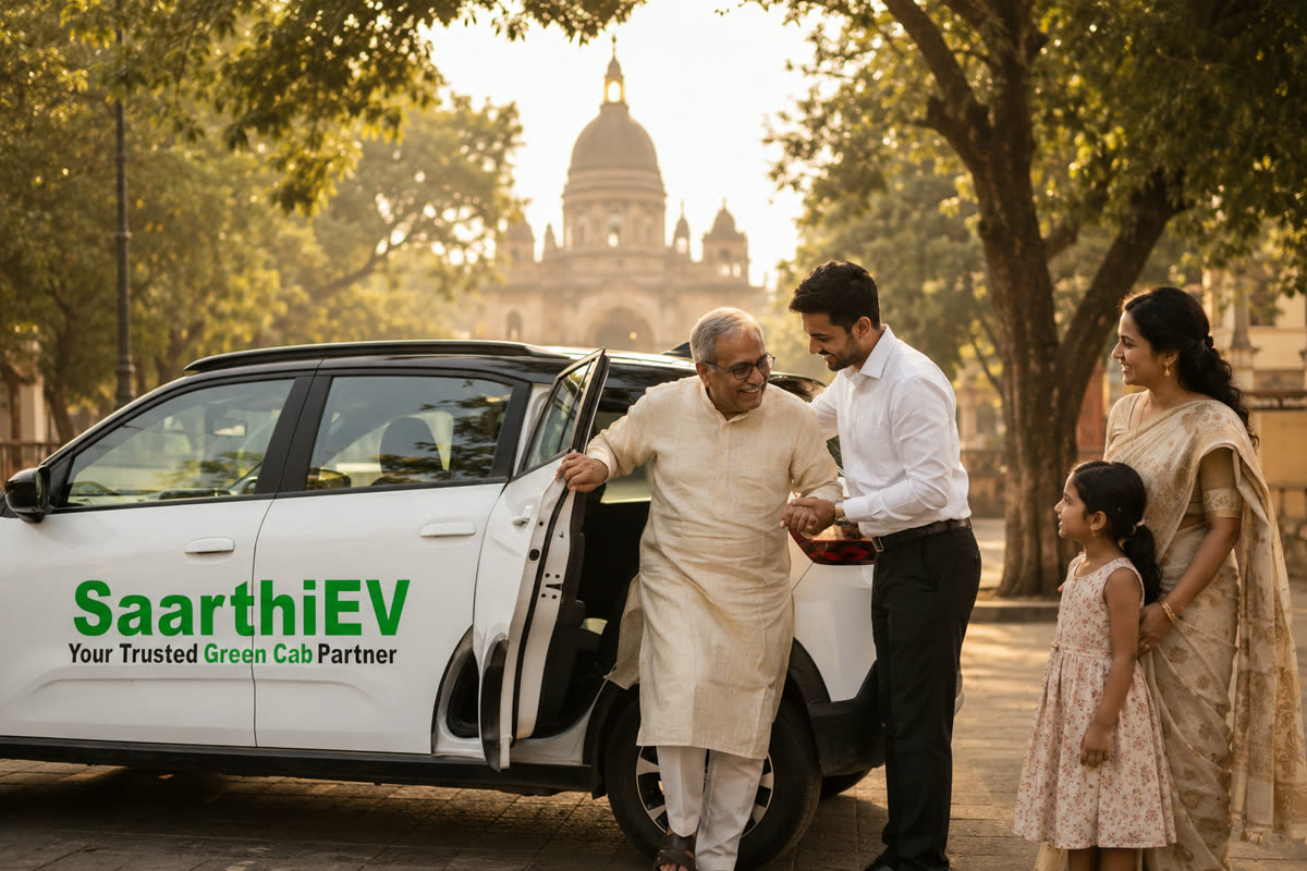 A family with women and children being welcomed into a SaarthiEV cab